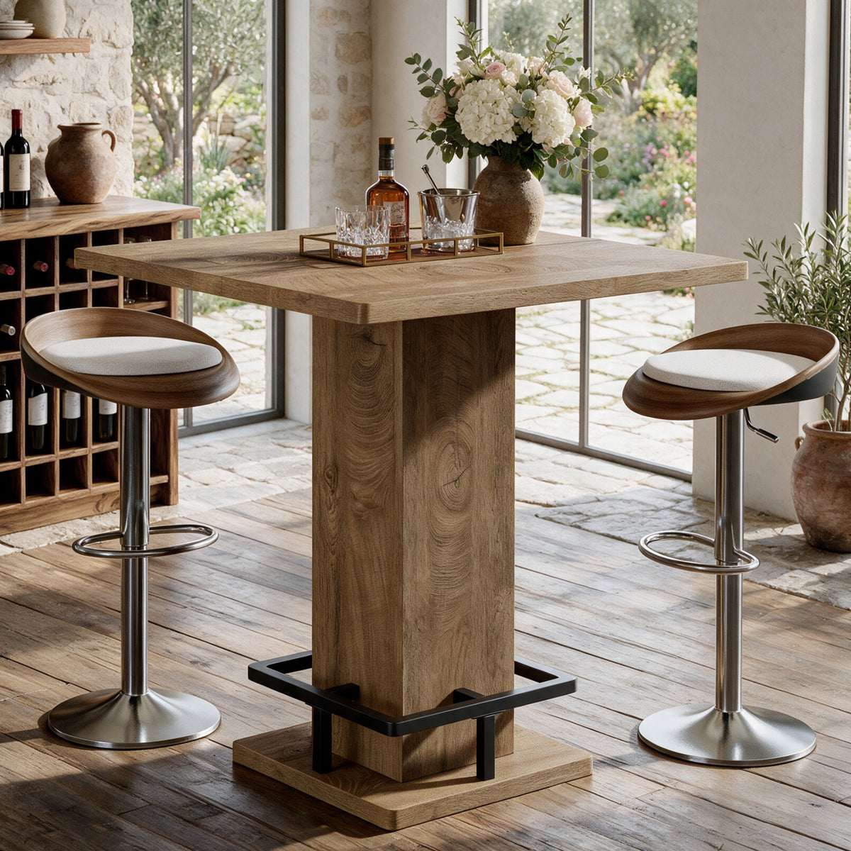 80cm Square Bar Table, Pedestal Base with Built-In Footrest for Home Bar