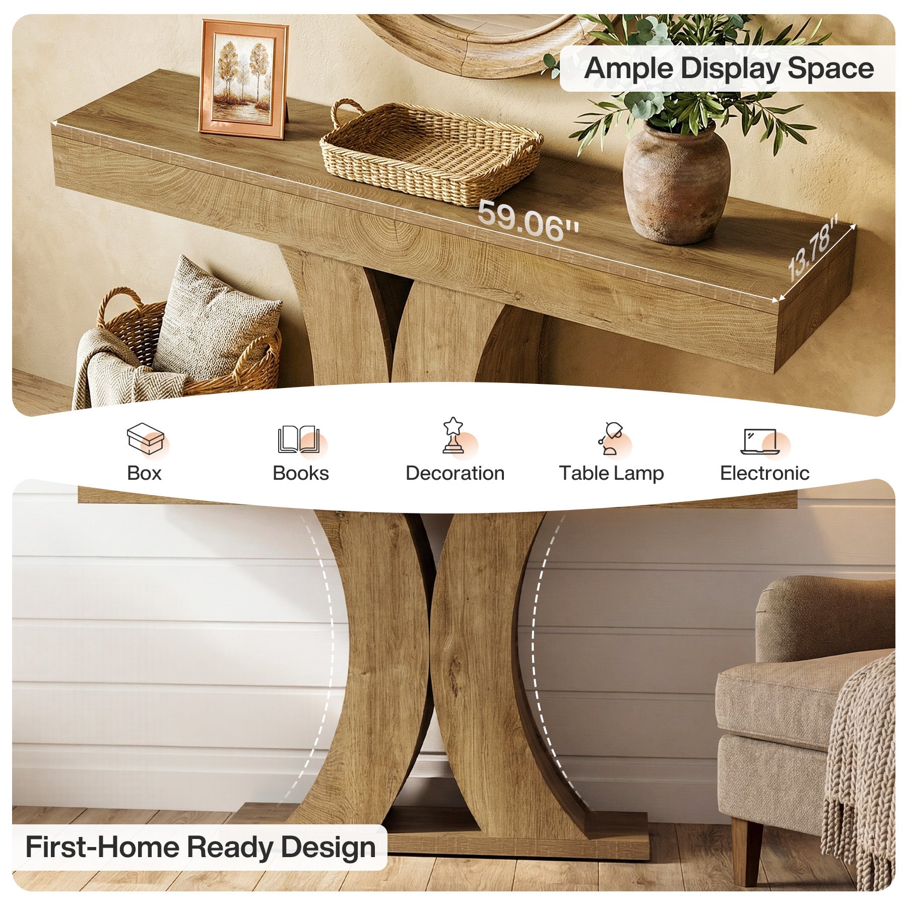 150cm Narrow Farmhouse Console Table, Wooden Sofa Table with X-Frame Base for Entryway, Hallway, or Behind Couch