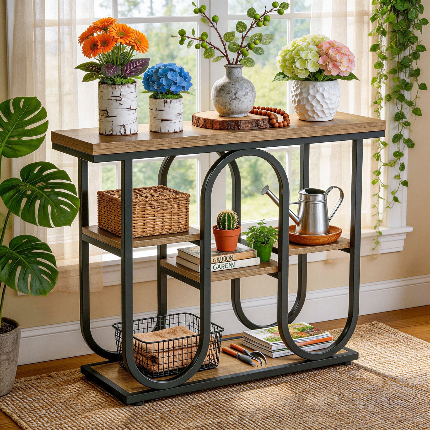 105cm Console Table, 4-Tier Sofa Table Entryway Table with Open Shelves