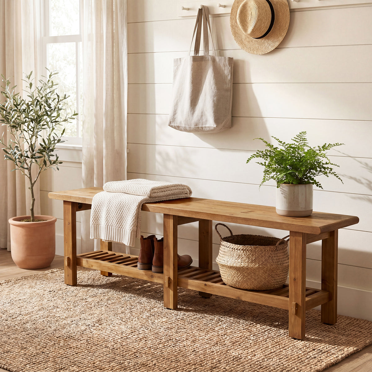 160cm Entryway Bench, Solid Wood Narrow End of Bed Bench with Shoe Storage