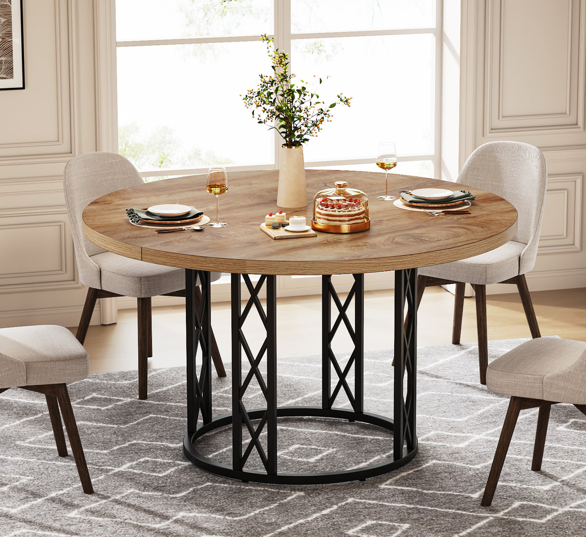 120cm Round Dining Table, 4-Seater Wood & Metal Kitchen Table