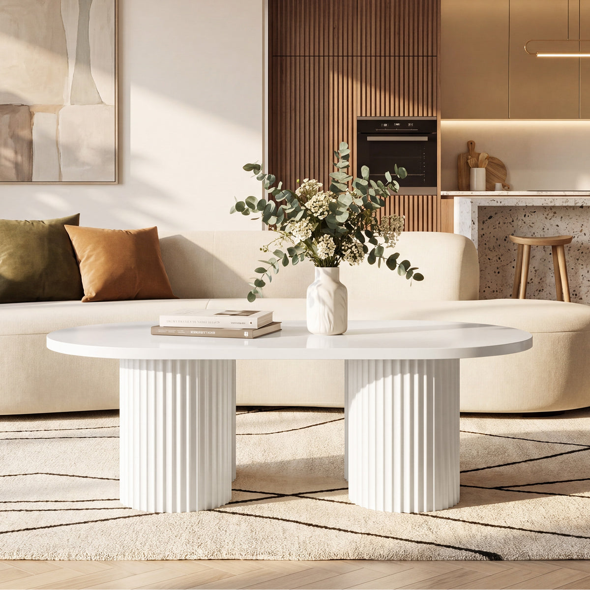 120cm Oval Coffee Table, Modern White Fluted Centre Table for Living Room & Office