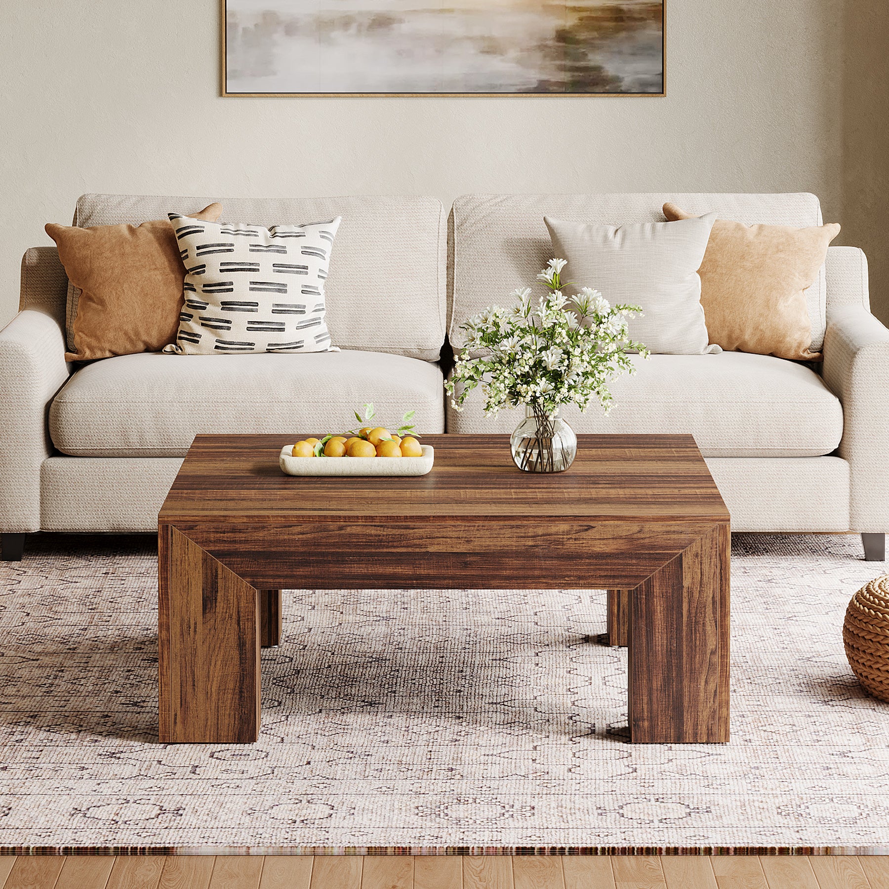 39" Square Farmhouse Coffee Table, Tea Table with Sturdy Wood Legs