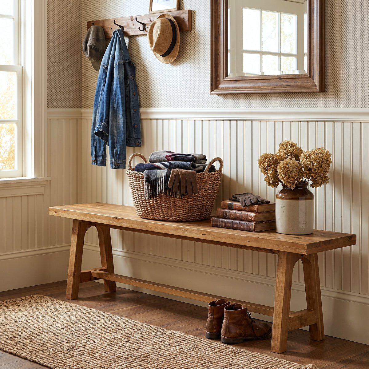 Tribesigns 63-Inch Solid Wood Entryway Bench, Rustic Hallway Shoe Bench for Mudroom