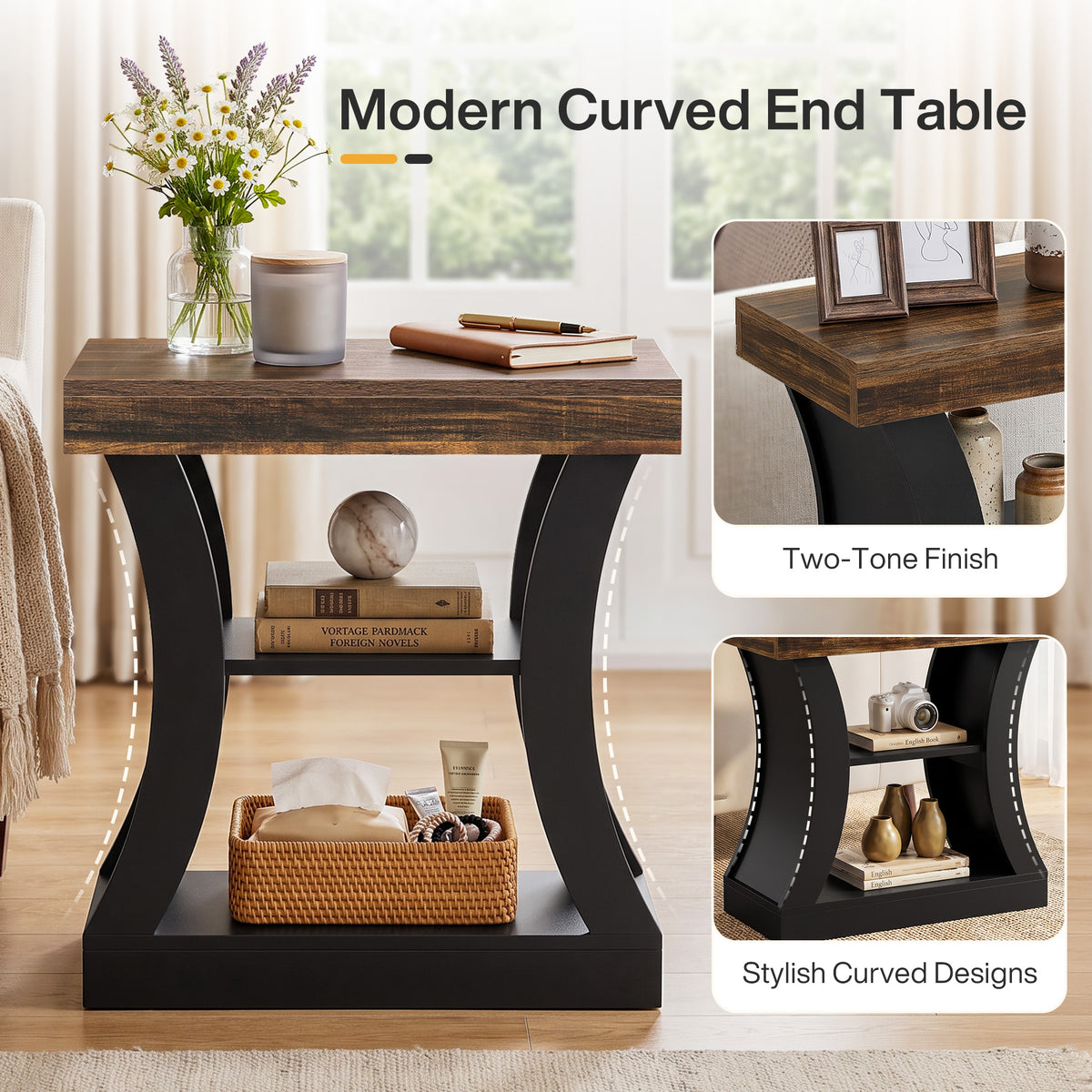 60cm Narrow Side Table, 3-Tier Modern End Table with Storage for Living Room Bedroom