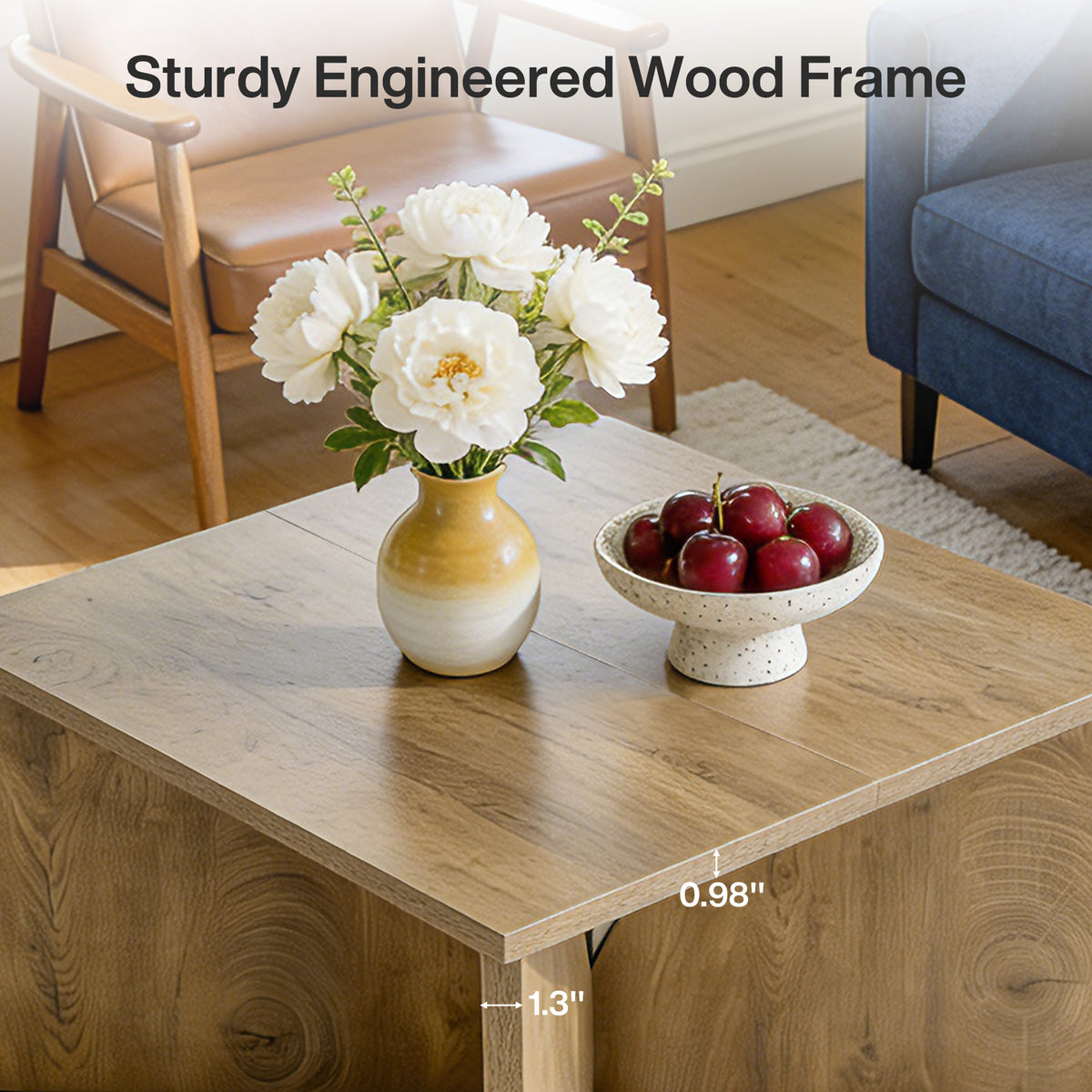 80cm Square Coffee Table, Rustic Wooden Living Room Table with Sturdy Base