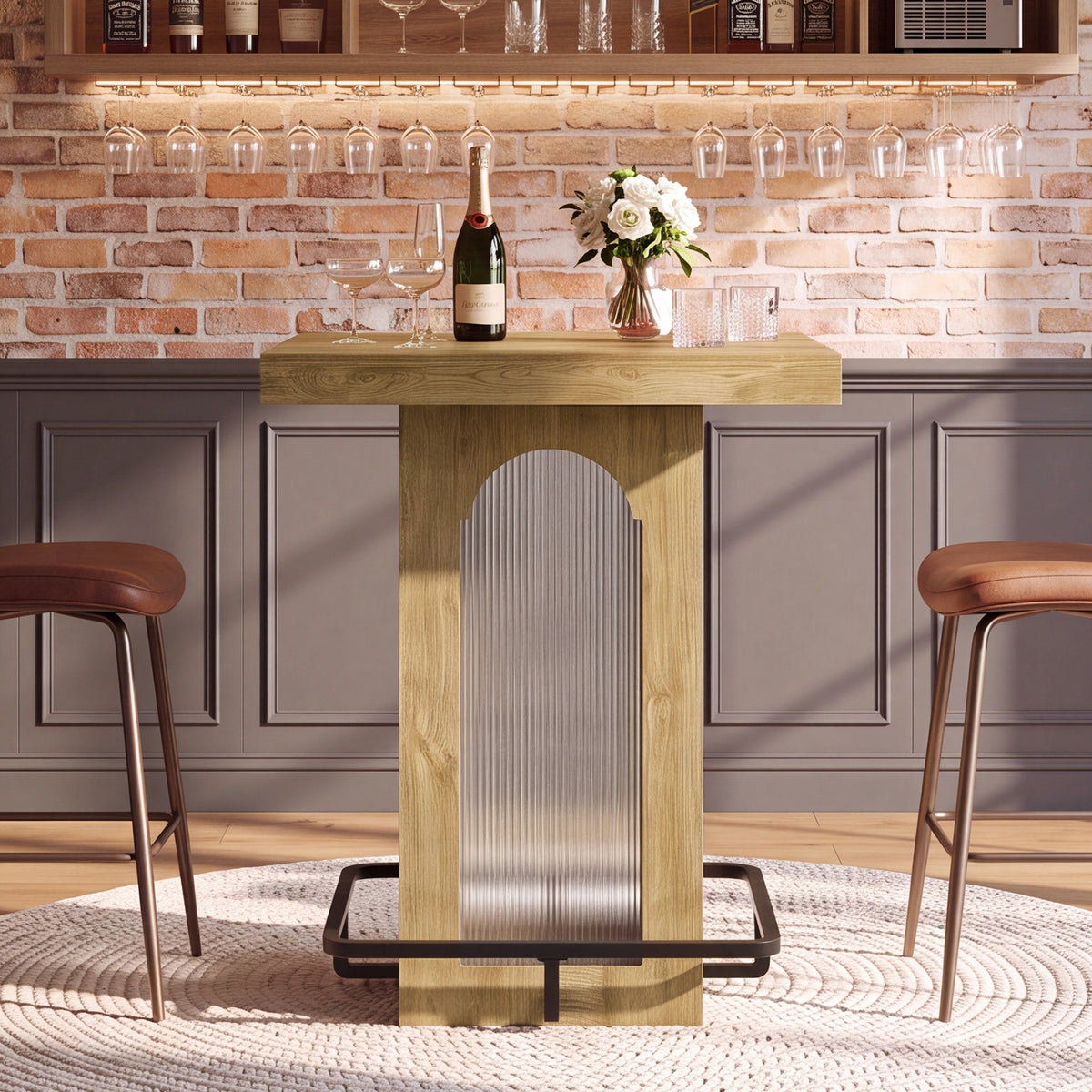 100cm Bar Table, Square High Top with RGB Light & Metal Footrest for Kitchen Home Bar