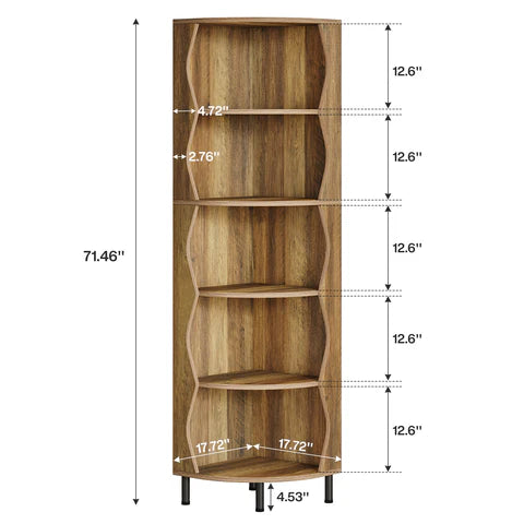 71" Corner Shelf, 5-Tier Bookcase Display Shelf Storage Rack