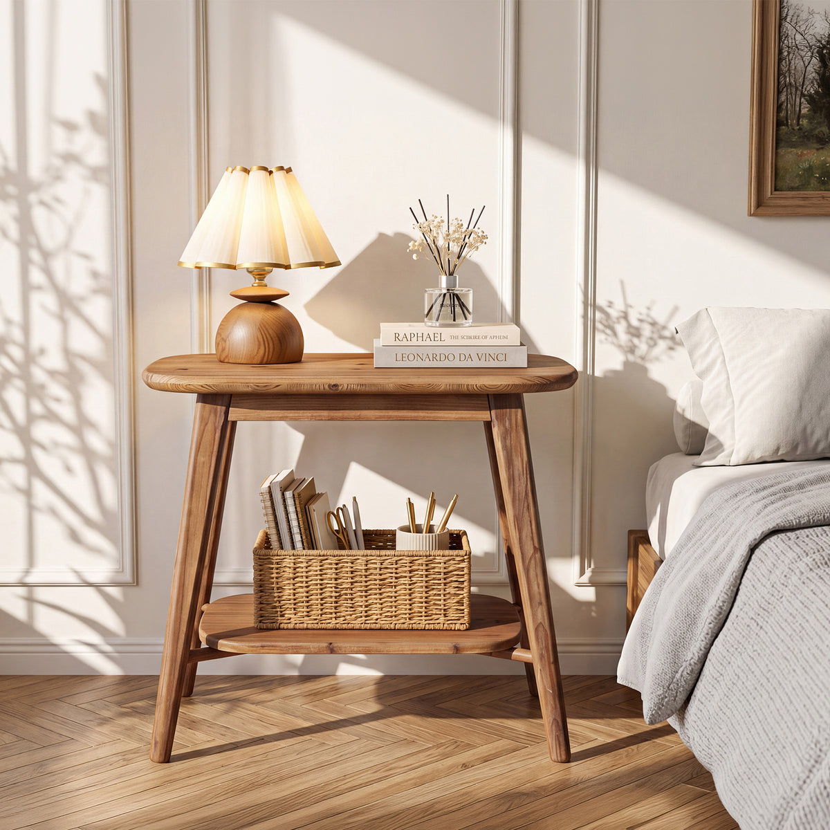 50cm End Table, Farmhouse 2-Tier Solid Wood Side Table with Rounded Corners