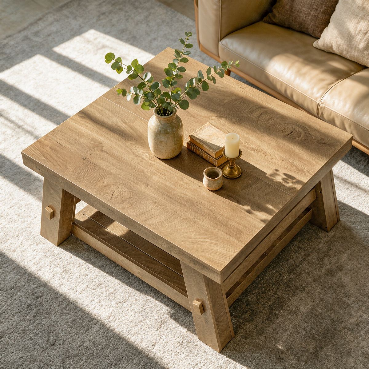 99cm Square Coffee Table, Farmhouse 2-Tier Slatted Storage Shelf