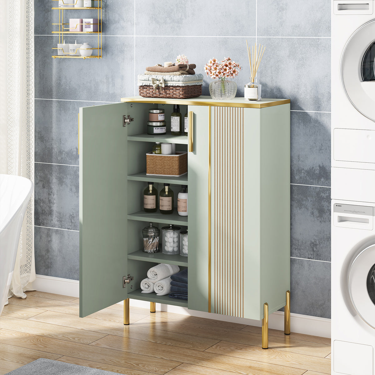 100cm Shoe Cabinet, White 6-Shelf Storage Cabinet with Gold Accents