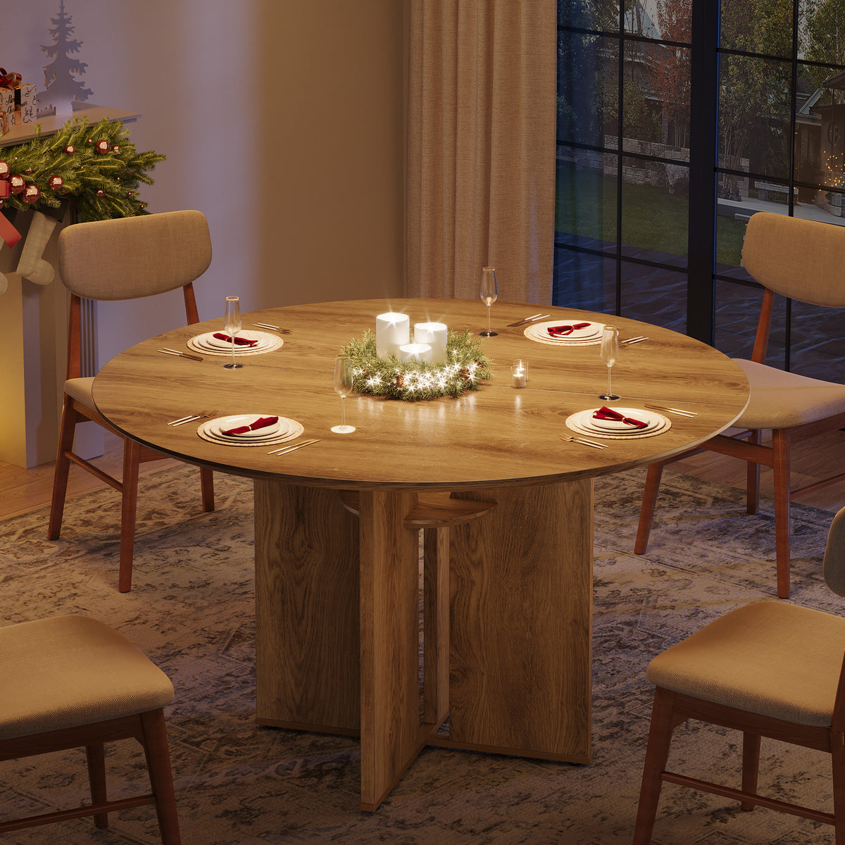 39.4" Round Dining Table, Farmhouse Kitchen Table with Storage Shelf and X-Shape Base