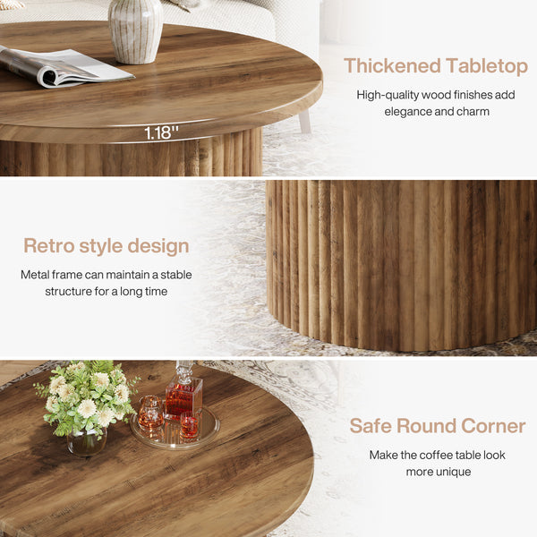 Tribesigns Round Coffee Table, Fluted Drum Base for Living Room