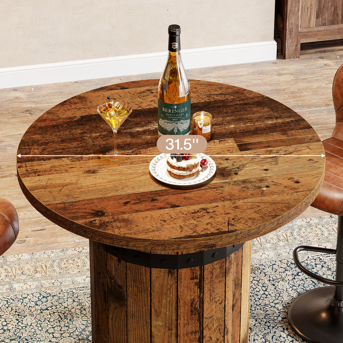 100cm Round Bar Table, Rustic Pub Table with Barrel Base for Kitchen Living Room