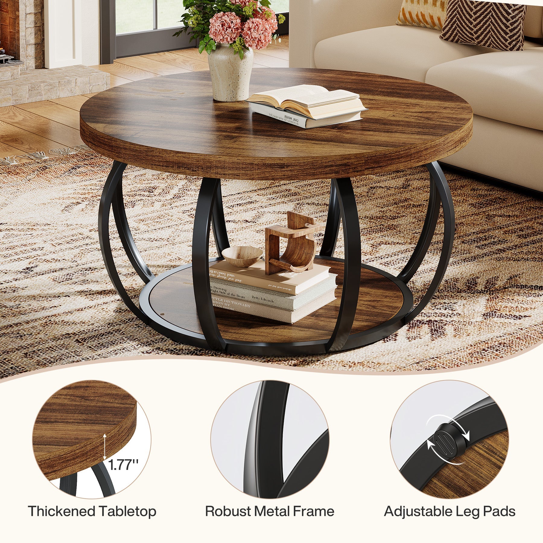 31.5" Round Coffee Table, 2-Tier Farmhouse Center Table with Wood & Black Metal for Living Room