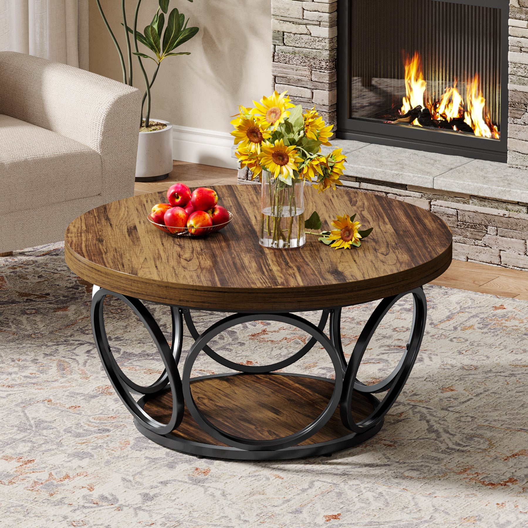 Farmhouse Coffee Table, Round Center Table with 2 Storage Shelves