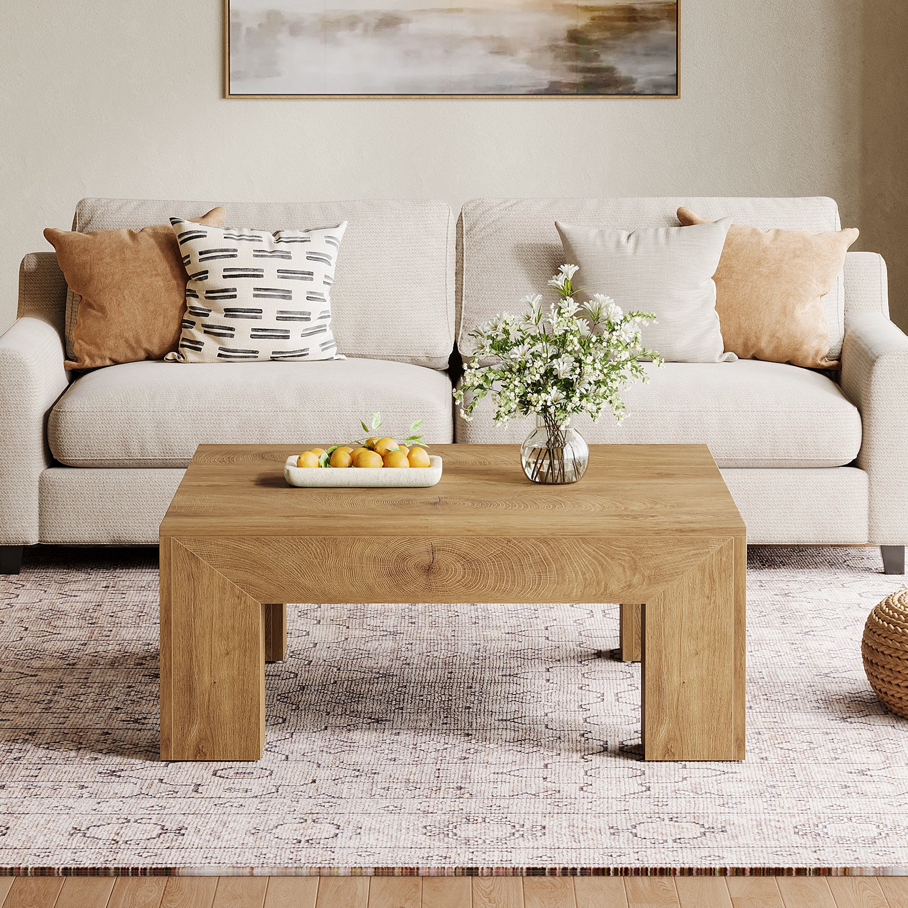 39" Square Farmhouse Coffee Table, Tea Table with Sturdy Wood Legs