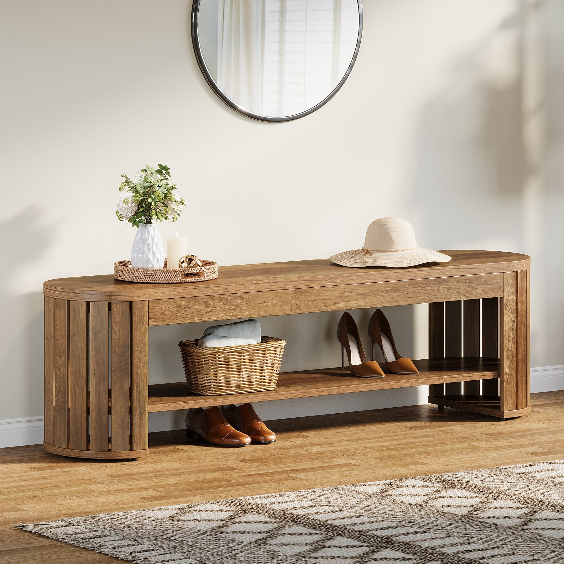 63" Wooden Shoe Bench with 2-Tier Storage, Narrow Entryway Bench for Entrance and Hallway