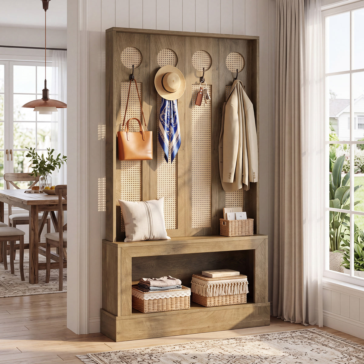 177cm Wall Room Divider, Rattan Partition with LED Light, Shelves & 4 Hooks for Living Room