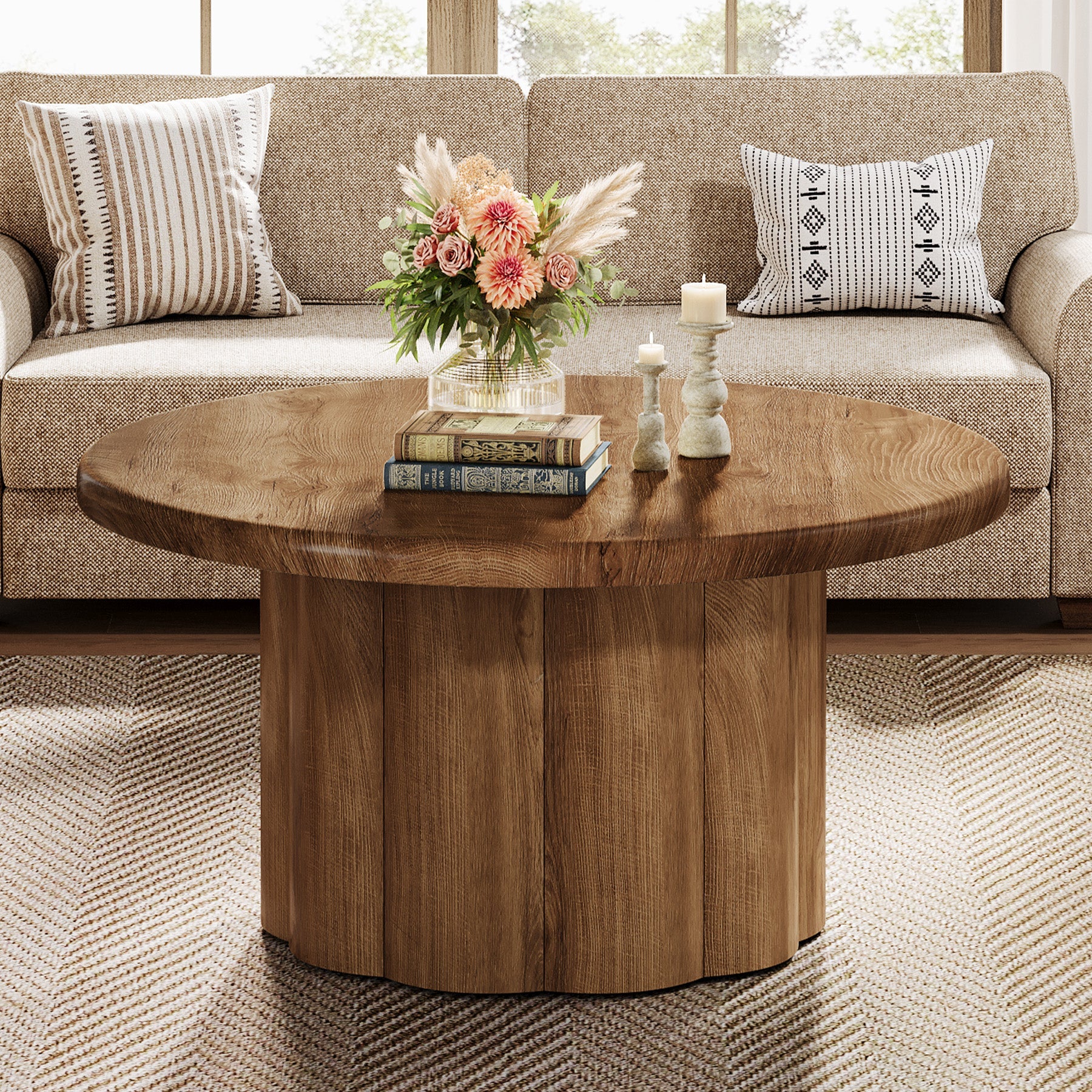 31.5" Rustic Fluted Drum Table, Round Farmhouse Center Table for Cozy Living