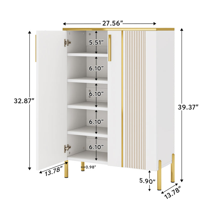 100cm Shoe Cabinet, White 6-Shelf Storage Cabinet with Gold Accents