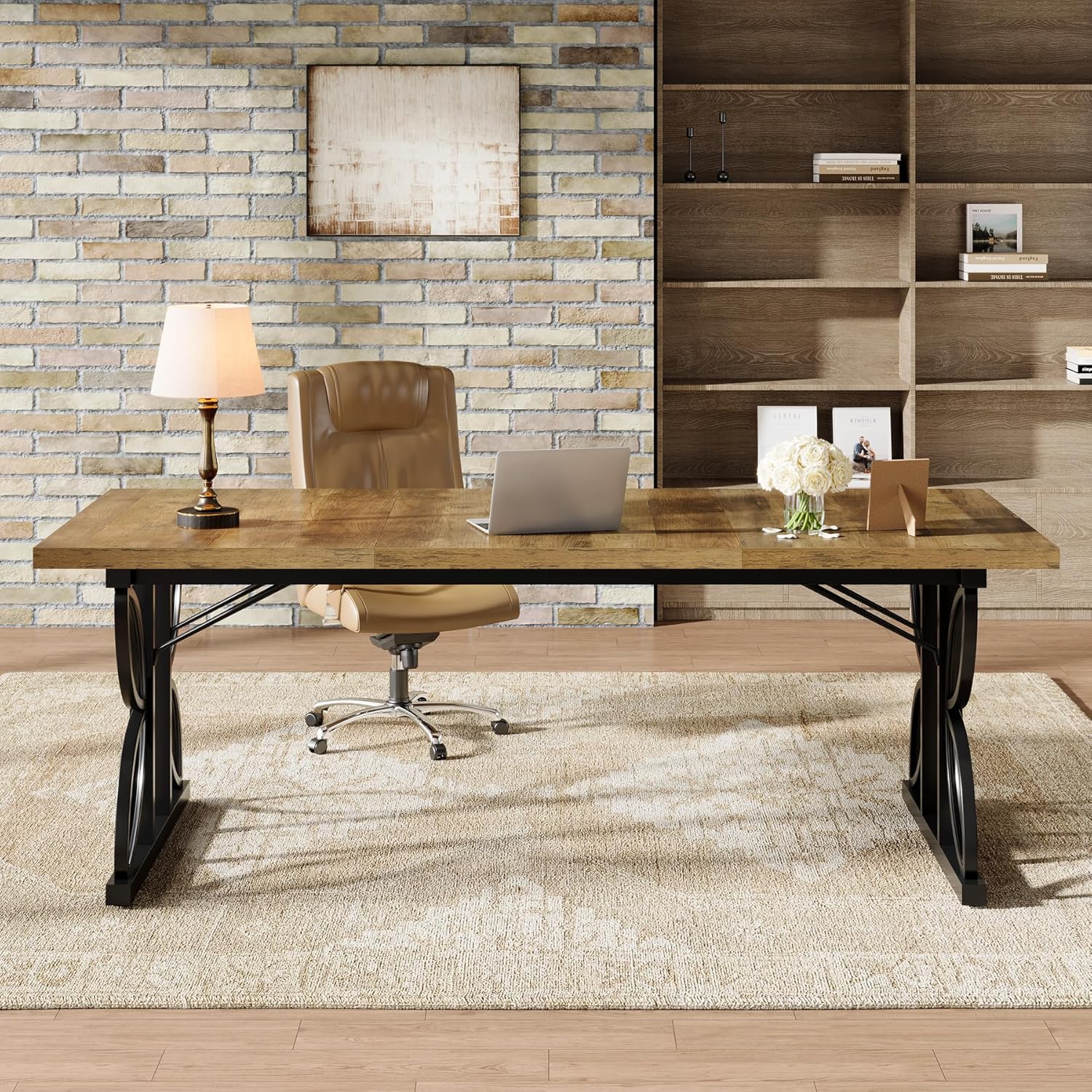70.8" Industrial Computer Desk, Rustic Brown & Black Metal Frame Workstation