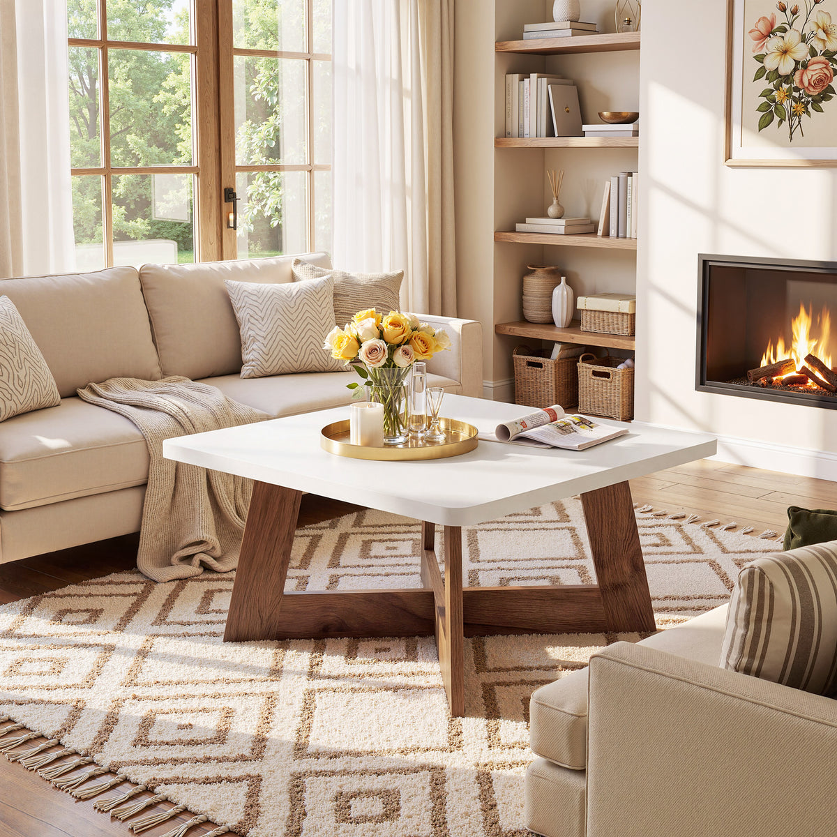 80cm Square Coffee Table, Modern White Centre Table with Cross Base for Living Room