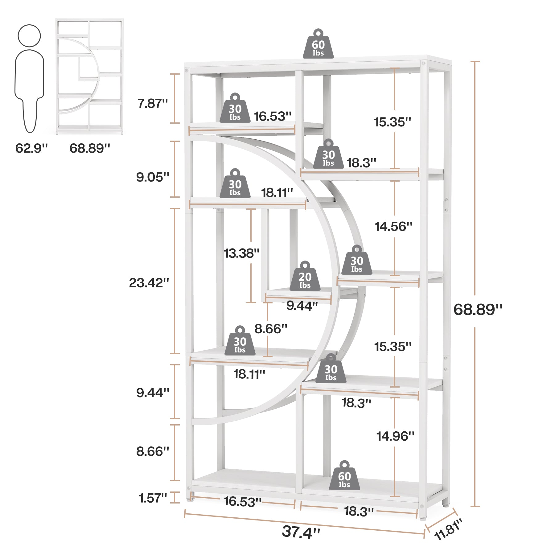 37.4" 5-Tier Industrial Bookshelf for Living Room, Bedroom, Home Office
