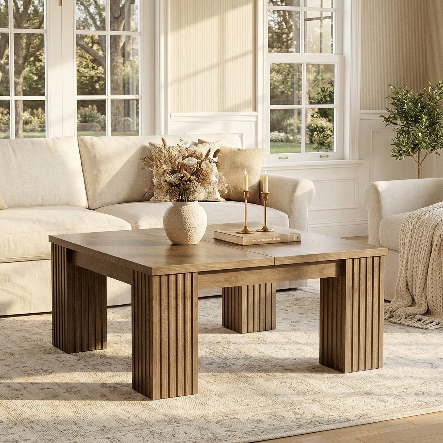 100cm Square Coffee Table, Farmhouse Center Table with Fluted Legs