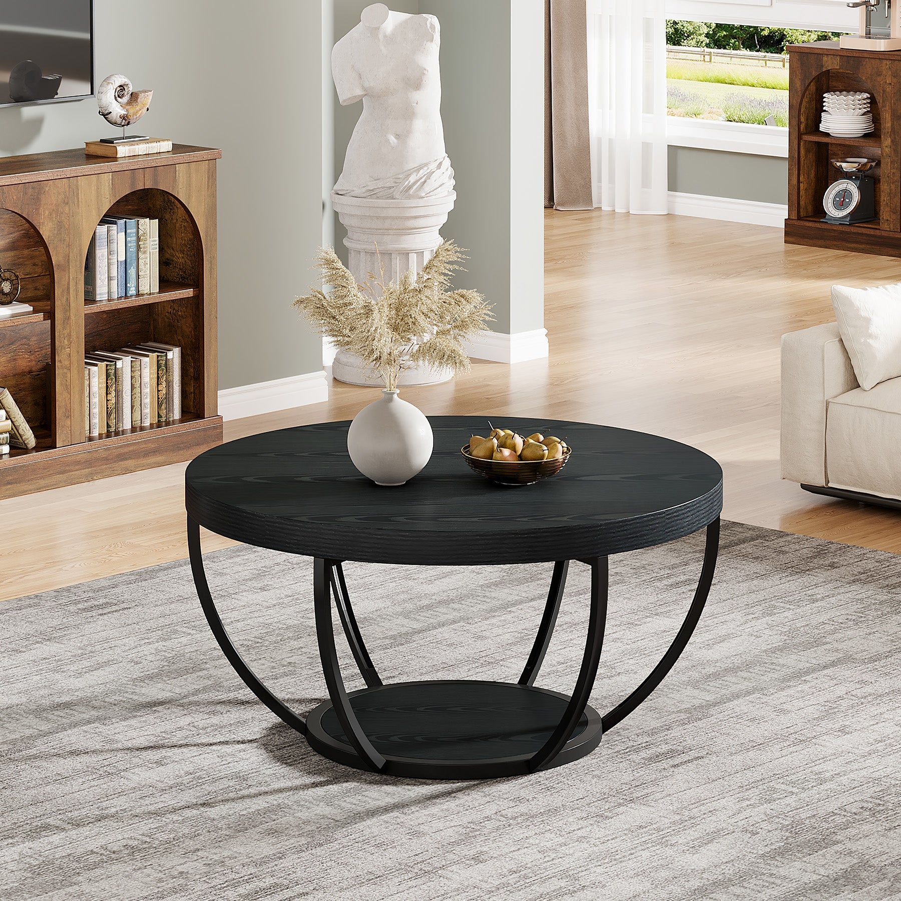 31.69" Round Wooden Coffee Table, 2-Tier Central Cocktail Table with Shelves