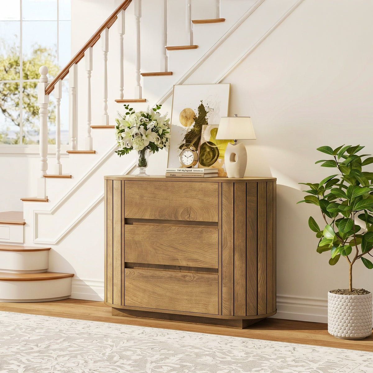 90cm Chest of Drawers, Modern Oak Effect 3-Drawer Cabinet with Slatted Sides