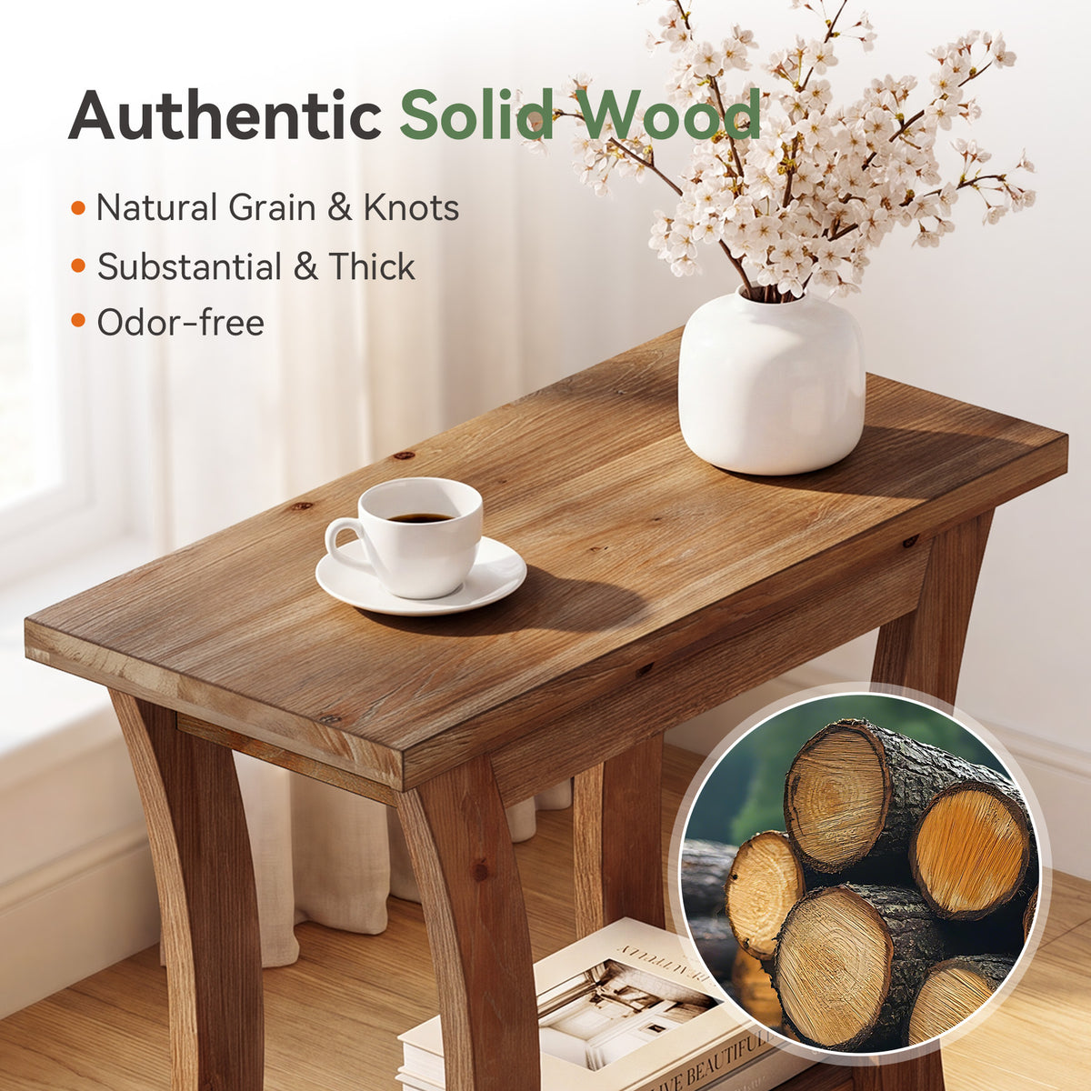 60cm Side Table, Solid Wood Farmhouse End Table with Lower Shelf