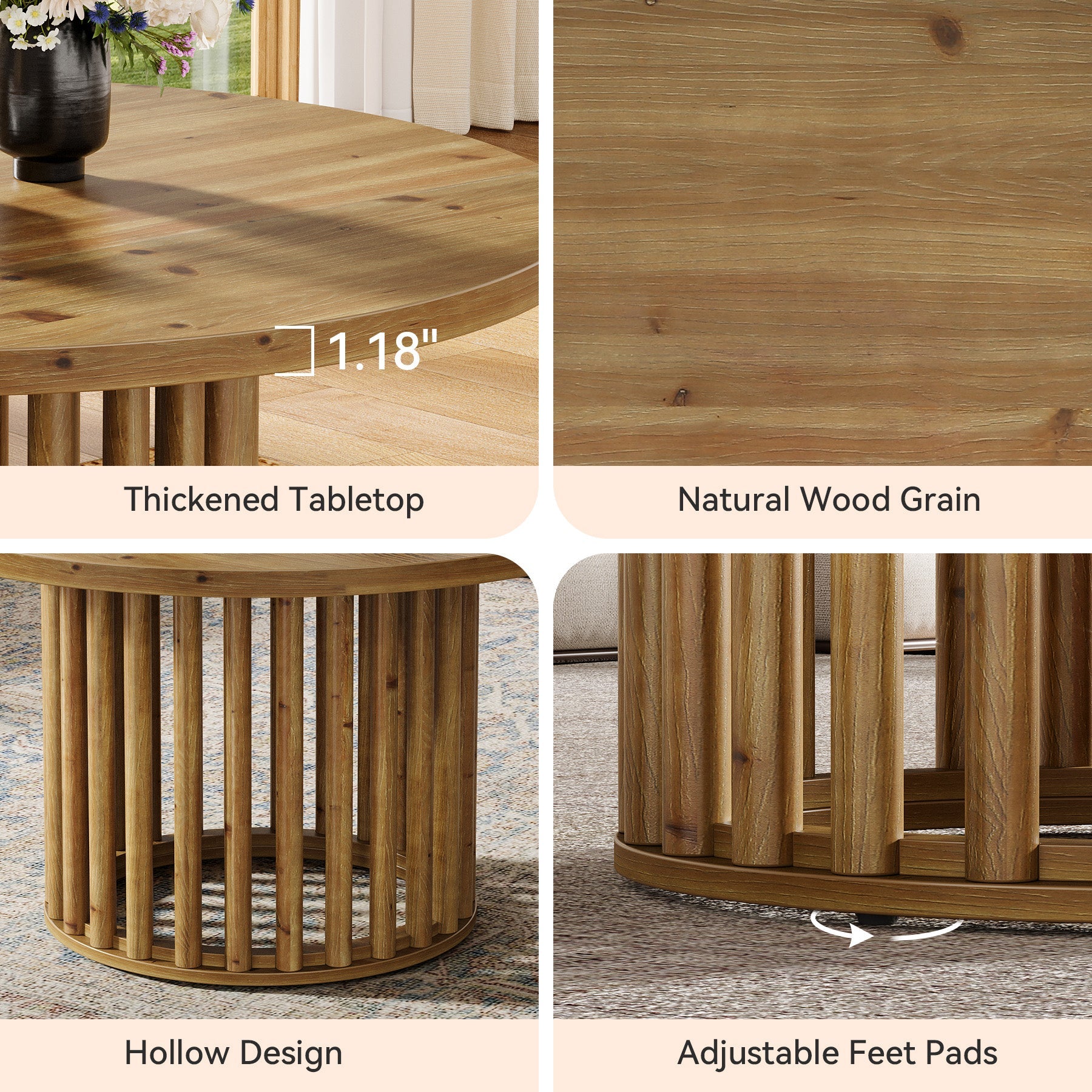 31.5" Solid Wood Round Coffee Table, Center Tea Table with Cylindrical Hollow Base