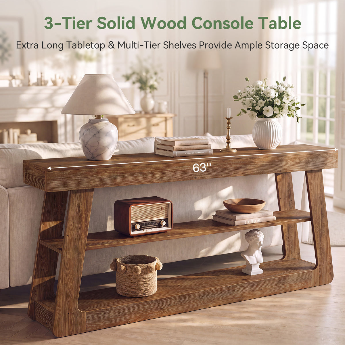 160cm Console Table, Solid Wood 3-Tier Entryway Table with A-Shaped Frame