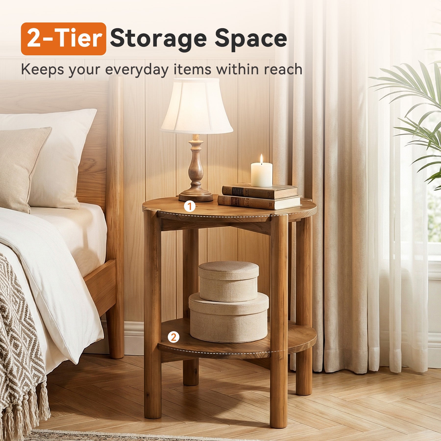 50cm Solid Wood Round Bedside Table, 2-Tier Small Side Table with Storage Shelf