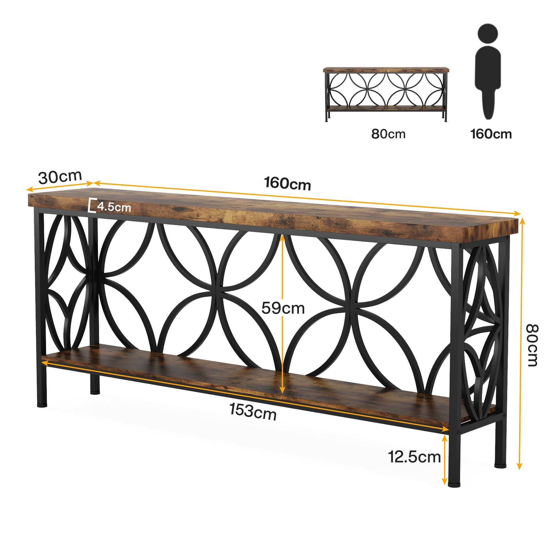 63" Industrial Console Table, Narrow Sofa Table with Storage Shelf