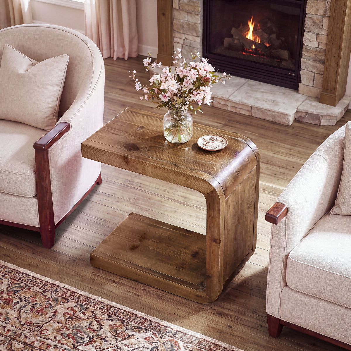 60cm C-Shaped Side Table, Solid Wood 2-Tier End Table with Storage