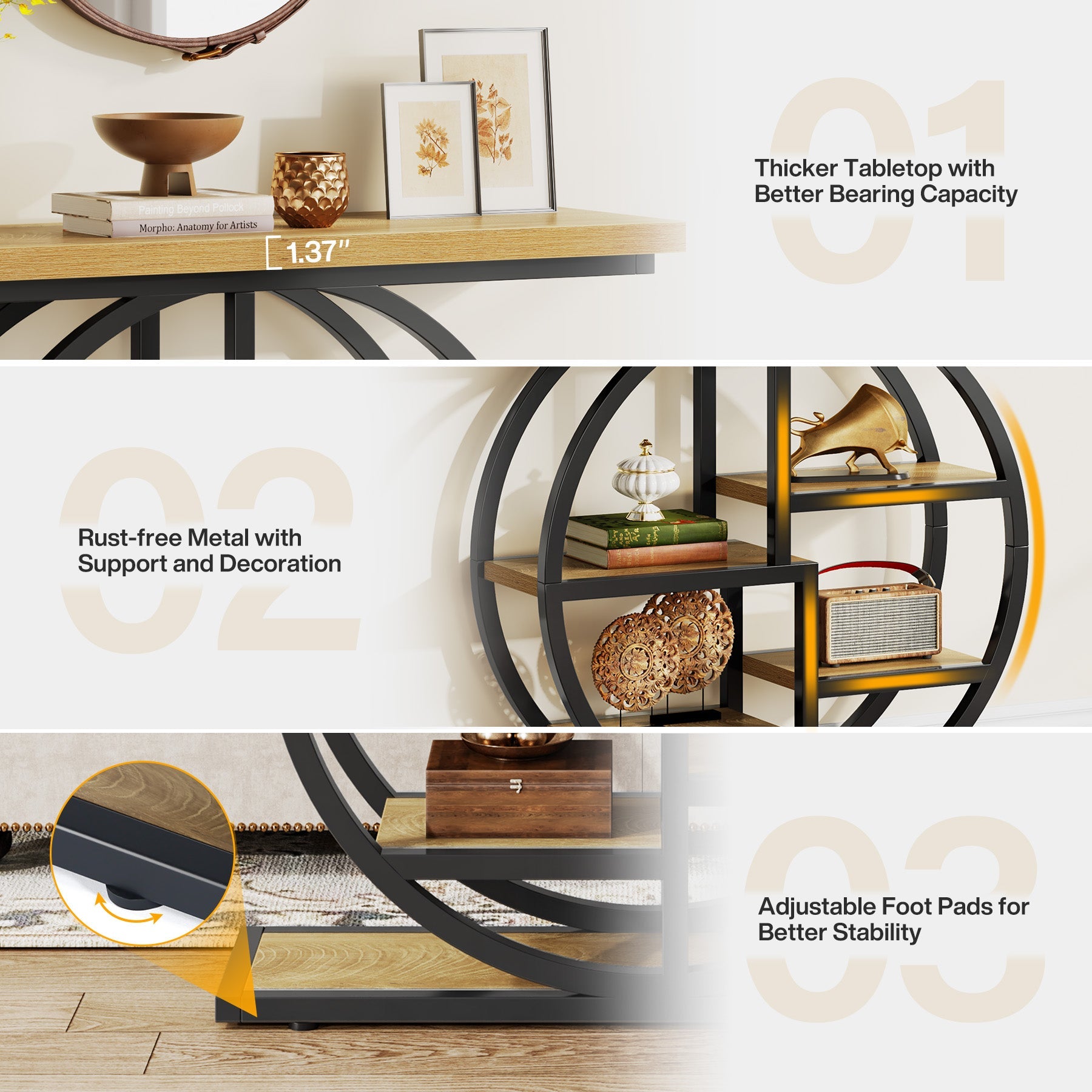 41" Industrial Console Table, Narrow 6-Tier Sofa Entryway Table with Circle Base