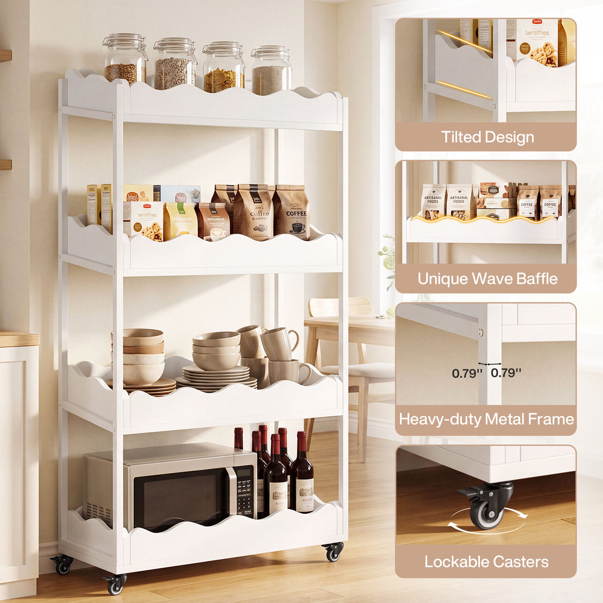 140cm 4-Tier Kitchen Trolley, Fruit & Veg Storage Rack with Wheels for Kitchen