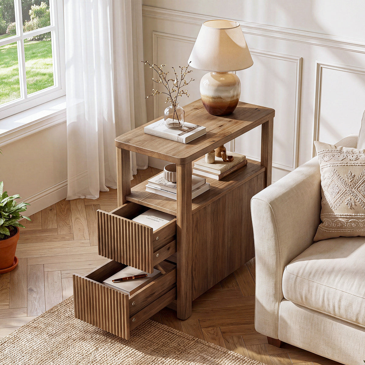 60cm End Table, Solid Wood 2-Drawer Narrow Nightstand for Living Room Bedroom