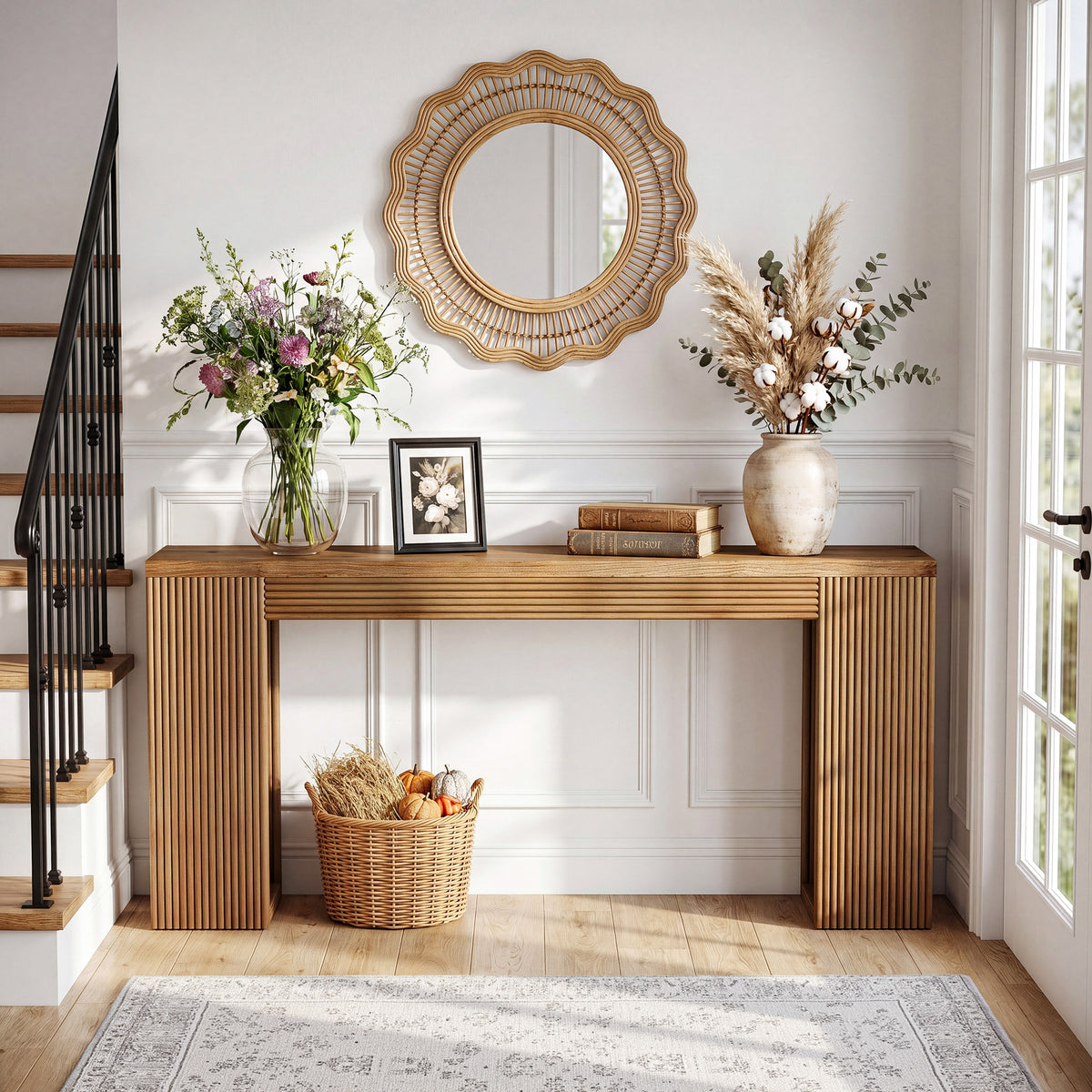 160cm Console Table, Solid Wood Narrow Hallway Table with Ribbed Legs