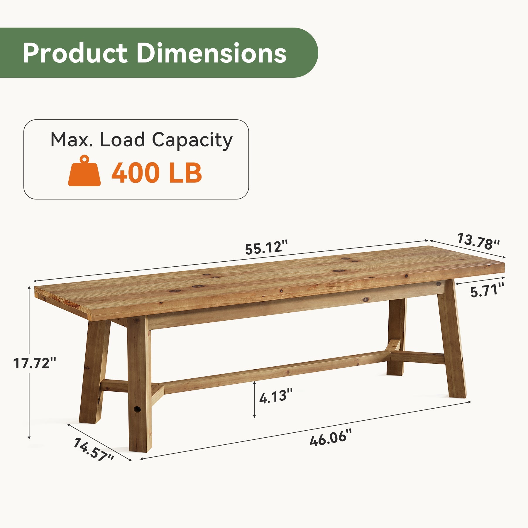 55" Solid Wood Bench, Farmhouse Long Bench Seat for Entryway