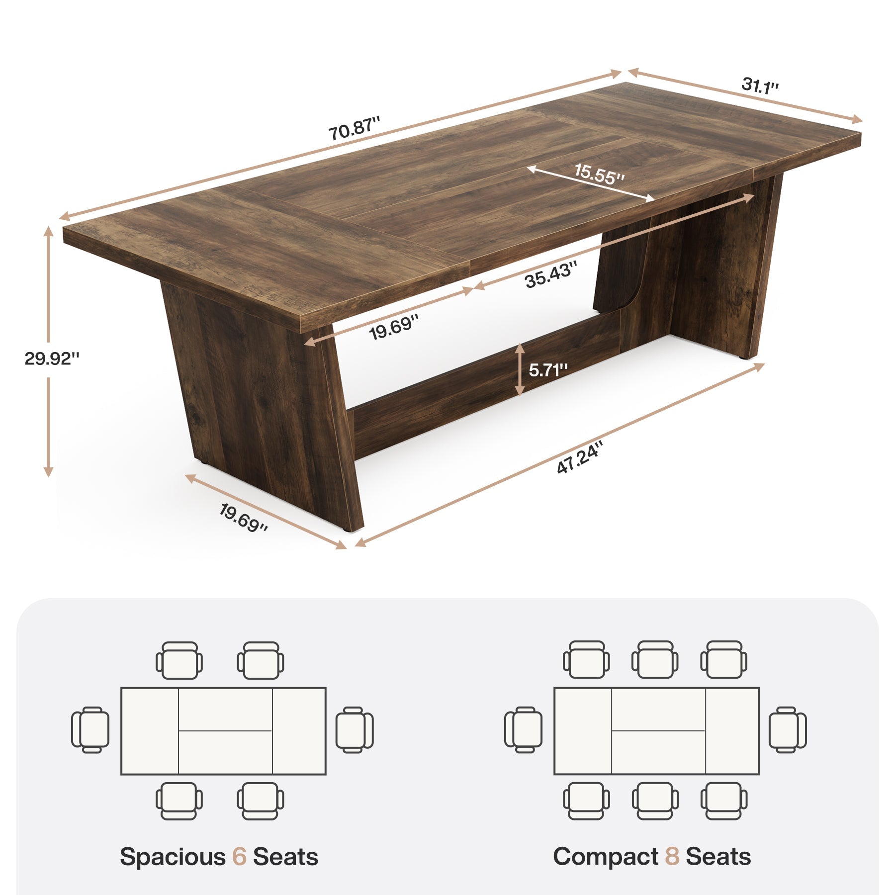 70.8“ Dining Table, Wood Farmhouse Kitchen Table for 4-6