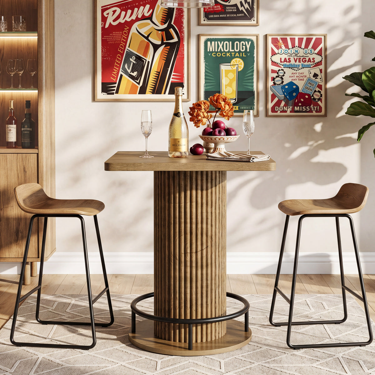 99cm Square Bar Table, Wooden Bistro Table with Footrest for Kitchen & Cafe