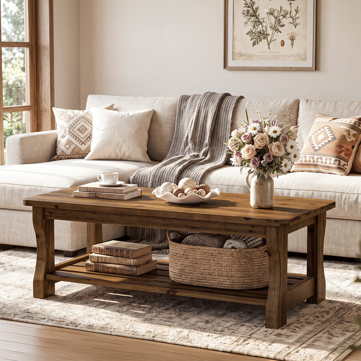47" Solid Wood Coffee Table, Farmhouse 2-Tier Living Room Center Table, Dark Brown