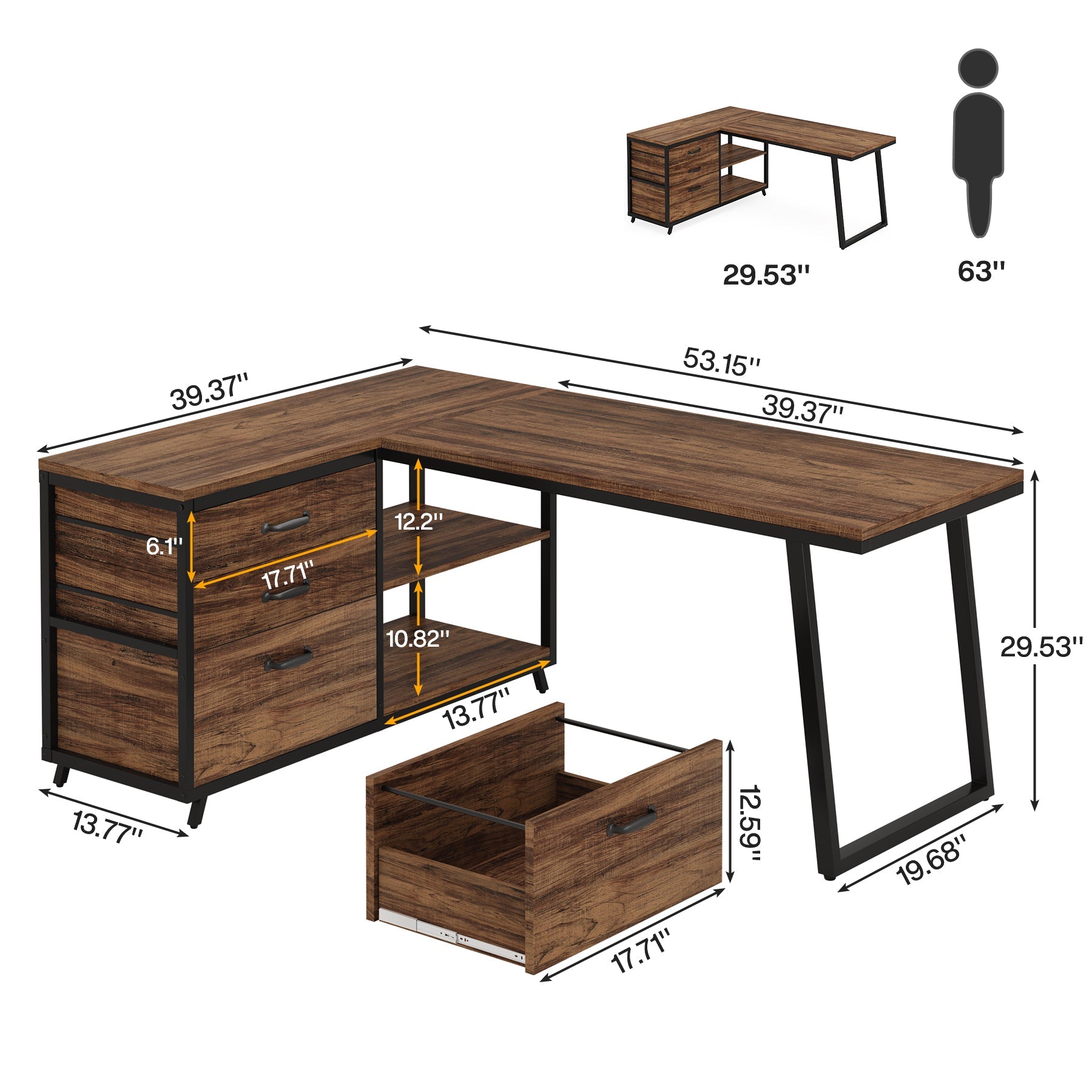 53" Reversible L-Shaped Computer Desk with 3 Drawers and Shelves