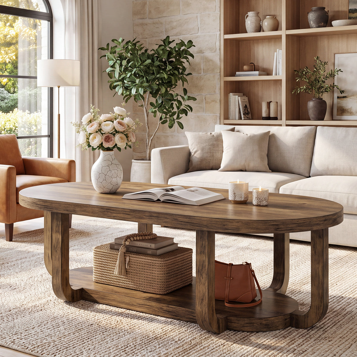 140cm Oval Coffee Table, 2-Tier Storage with Curved Leg Design for Living Room