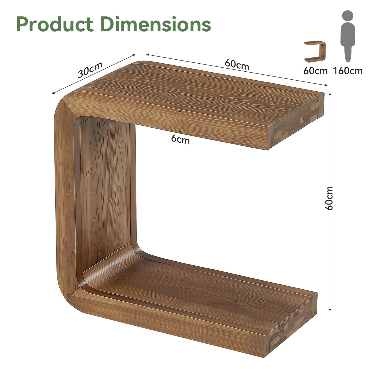 60cm C-Shaped Side Table, Solid Wood 2-Tier End Table with Storage