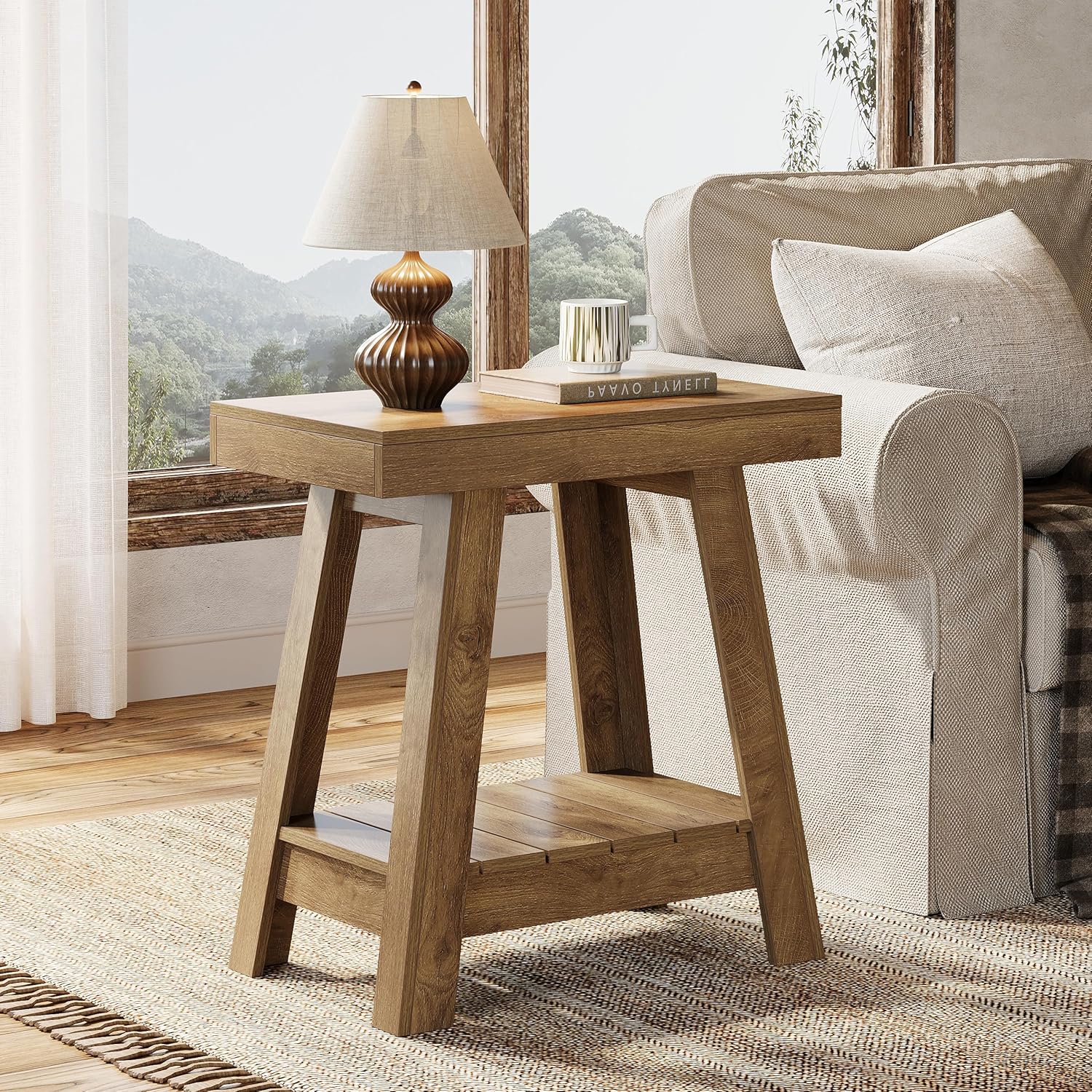 2-Tier End Table, Slim Sofa Side Table with Storage