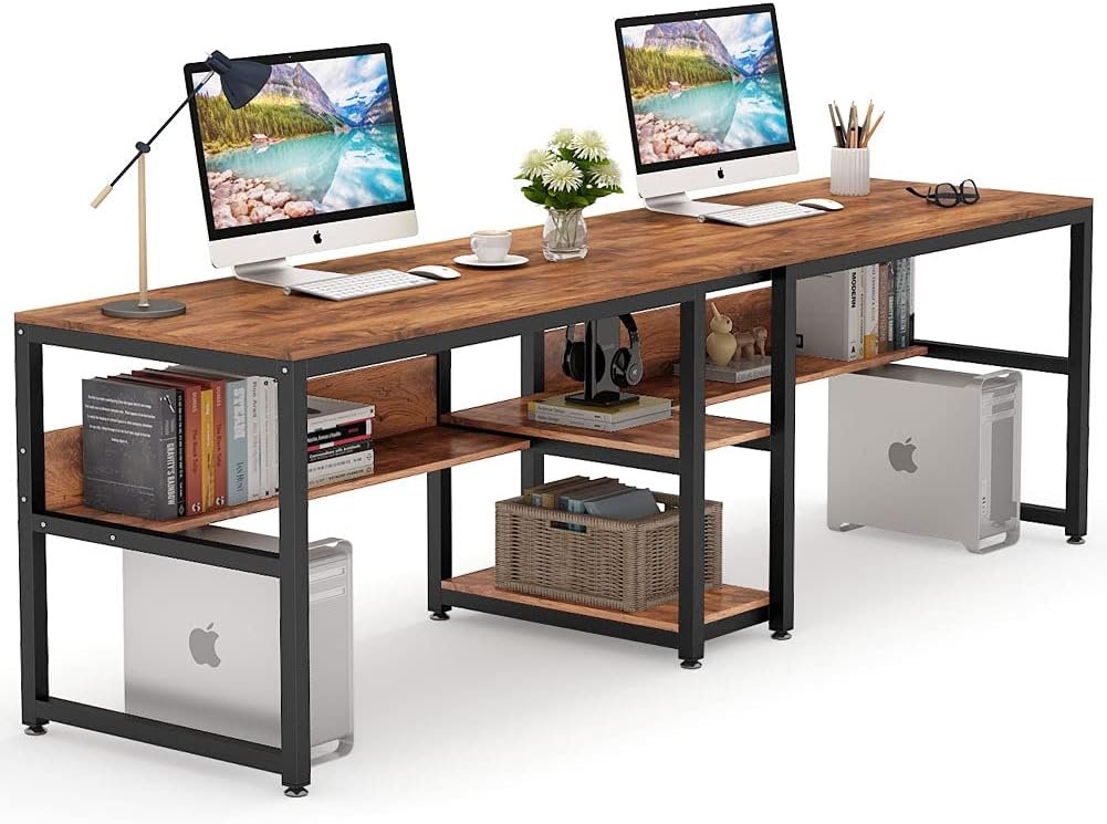 78.7 " Two Person Computer Desk with Bookshelf, Rustic Writing Desk Workstation with Shelf for Home Office